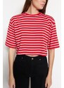 Trendyol Red-Pink Striped Relaxed/Wide, Comfortable Cut Crop Crewneck Knitted T-Shirt