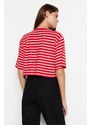 Trendyol Red-Pink Striped Relaxed/Wide, Comfortable Cut Crop Crewneck Knitted T-Shirt