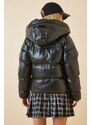 Happiness İstanbul Women's Black Hooded Faux Leather Coat