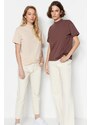 Trendyol Brown-Beige 2-Pack 100% Cotton Basic Stand-Up Collar Knitted T-Shirt