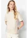 Trendyol Brown-Beige 2-Pack 100% Cotton Basic Stand-Up Collar Knitted T-Shirt