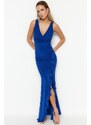 Trendyol Saks Fitted Lined Knitted Flounce Long Evening Evening Dress