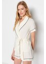 Trendyol Beige Belted Piping Detailed Shirt-Shorts Woven Pajamas Set