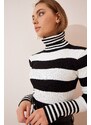 Happiness İstanbul Women's Black and White Turtleneck Striped Sweater Blouse