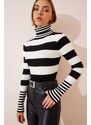 Happiness İstanbul Women's Black and White Turtleneck Striped Sweater Blouse