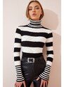 Happiness İstanbul Women's Black and White Turtleneck Striped Sweater Blouse