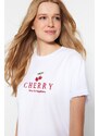 Trendyol White 100% Cotton Cherry Embroidered Boyfriend Fit Crew Neck Knitted T-Shirt