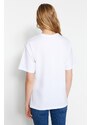 Trendyol White 100% Cotton Cherry Embroidered Boyfriend Fit Crew Neck Knitted T-Shirt