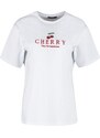 Trendyol White 100% Cotton Cherry Embroidered Boyfriend Fit Crew Neck Knitted T-Shirt