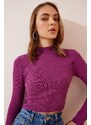 Happiness İstanbul Women's Light Damson Ribbed Turtleneck Crop Knitted Blouse