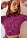 Happiness İstanbul Women's Light Damson Ribbed Turtleneck Crop Knitted Blouse