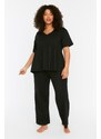 Trendyol Curve Black V-Neck Knitted Pajamas Set