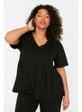 Trendyol Curve Black V-Neck Knitted Pajamas Set