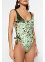 Trendyol Khaki Square Neck Welded Velvet High Leg Swimwear