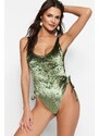 Trendyol Khaki Square Neck Welded Velvet High Leg Swimwear