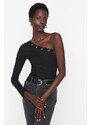 Trendyol Black Ribbed Eyelets Detailed Fitted Knitted Blouse