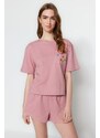 Trendyol Pink 100% Cotton Motto Printed T-shirt - Shorts Knitted Pajamas Set