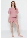 Trendyol Pink 100% Cotton Motto Printed T-shirt - Shorts Knitted Pajamas Set