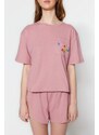 Trendyol Pink 100% Cotton Motto Printed T-shirt - Shorts Knitted Pajamas Set