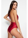 Trendyol Claret Red Halter Neck Plisované plavky s pravidelnými nohavicemi
