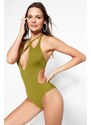 Trendyol Khaki Halterneck Swimwear with Cut Out/Windows, Regular Leg