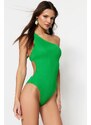 Trendyol zelené plavky na jedno rameno s vysokými nohavicemi a hlubokým výstřihem na zádech