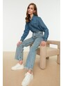 Trendyol světle modré džíny se 100% bavlnou s vysokým pasem a zapínáním na knoflíky