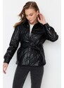 Trendyol Black Belted Faux Leather Quilted Coat