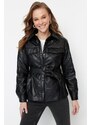 Trendyol Black Belted Faux Leather Quilted Coat