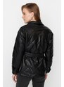 Trendyol Black Belted Faux Leather Quilted Coat