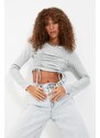 Trendyol Gray Shirring Detail Fitted Crop Crew Neck Ribbed Cotton Stretch Knitted Blouse