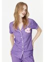 Trendyol Lilac bavlněné bavlněné kalhoty s potiskem pletené pyžamové soupravy