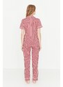 Trendyol Pink Cotton Striped Animal Printed Shirt-Pants Knitted Pajama Set