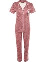 Trendyol Pink Cotton Striped Animal Printed Shirt-Pants Knitted Pajama Set