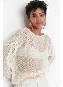 Trendyol Ecru Extra široký bavlněný prolamovaný/perforovaný pletený svetr