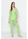 Trendyol Green Cotton Striped Animal Printed Shirt-Pants Knitted Pajamas Set