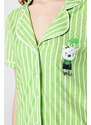 Trendyol Green Cotton Striped Animal Printed Shirt-Pants Knitted Pajamas Set