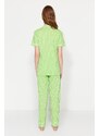 Trendyol Green Cotton Striped Animal Printed Shirt-Pants Knitted Pajamas Set