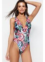 Trendyol Floral Pattern Deep-Chocolate High Leg Swimsuit With Open Back