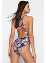 Trendyol Floral Pattern Deep-Chocolate High Leg Swimsuit With Open Back