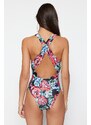 Trendyol Floral Pattern Deep-Chocolate High Leg Swimsuit With Open Back