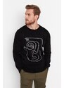 Trendyol Black Men's Slim Fit Crew Neck Face Figure Detail Knitwear Sweater