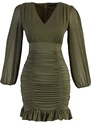 Trendyol Khaki Tělový Obal Gimped V-Neck Mini Tkané Šaty