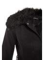 Trendyol černý límec, chlupatý a páskový dlouhý kabát
