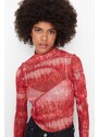 Trendyol Red Patterned Stand-Up Collar Tulle Knitted Blouse