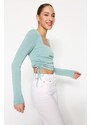 Trendyol Dark Mint Square Collar Shirred Knitted Blouse