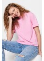 Trendyol Pink 100% Cotton Basic Stand Collar Knitted T-Shirt