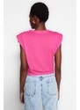 Trendyol Fuchsia 100% Cotton Padded Crop Crew Neck Knitted T-Shirt