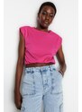 Trendyol Fuchsia 100% Cotton Padded Crop Crew Neck Knitted T-Shirt