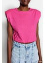 Trendyol Fuchsia 100% Cotton Padded Crop Crew Neck Knitted T-Shirt